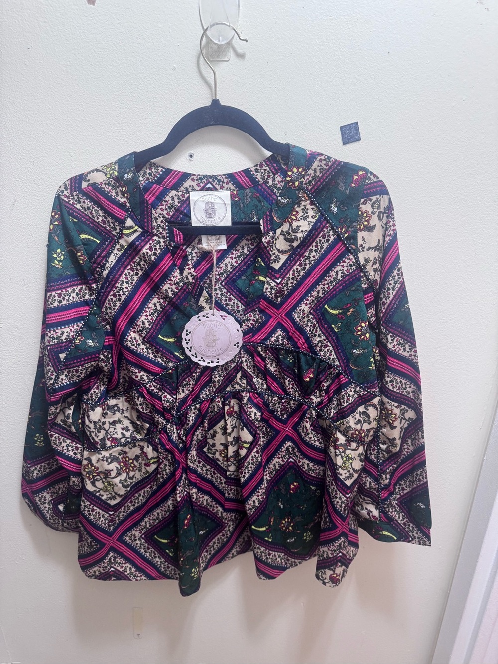 Muche & Muchette Women's Printed Peasant Blouse in Green & Pink one size